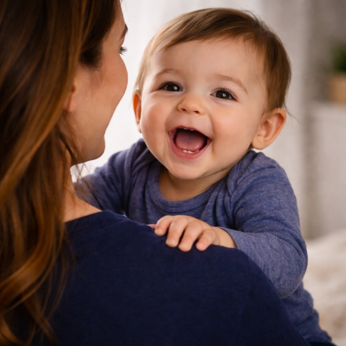 A mother holding a smiling infant